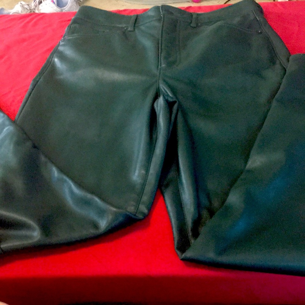 Slimming leather look pants , green, button waist